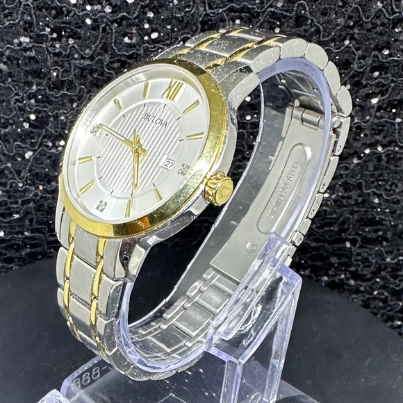 Women's (NWOT) Bulova Two-Tone Silver & Gold with Etched face, Diamonds, & Date - Picture 2 of 3